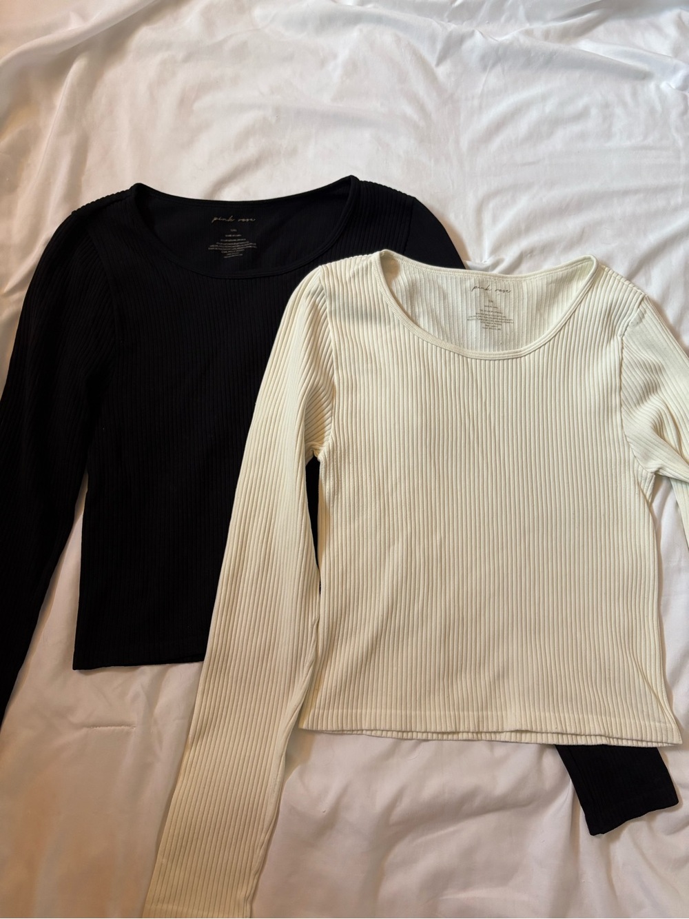 Pink Rose Black & White Ribbed Long Sleeve Tops